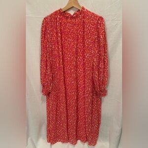 Bright Red Floral Long-Sleeve Midi Dress with Smocked Cuffs